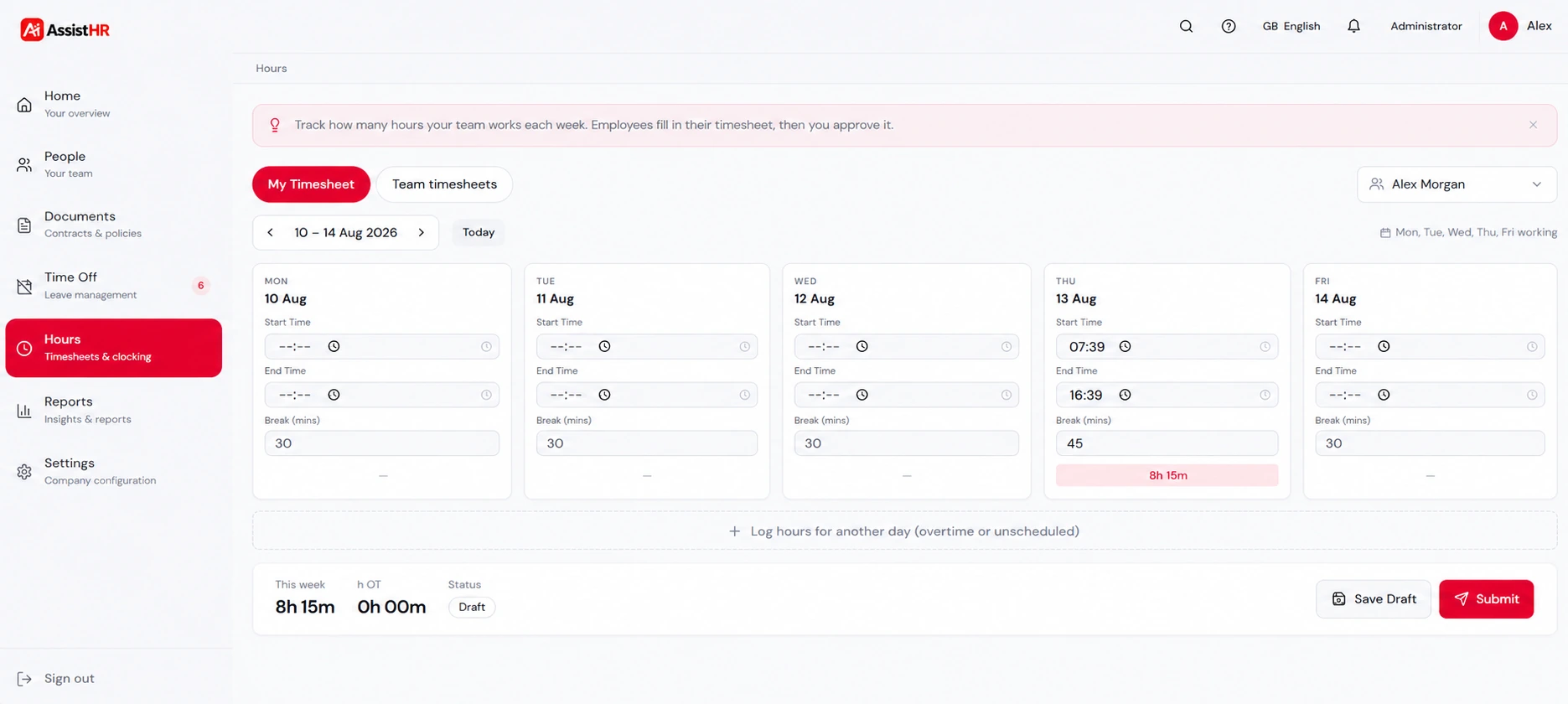 AssistHR Hours screen showing a weekly timesheet with start and end times, breaks and a weekly total