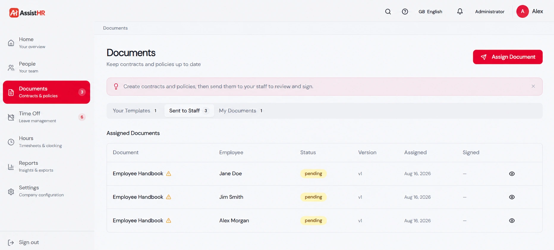 AssistHR Documents screen showing assigned contracts and policies with signature status and versions