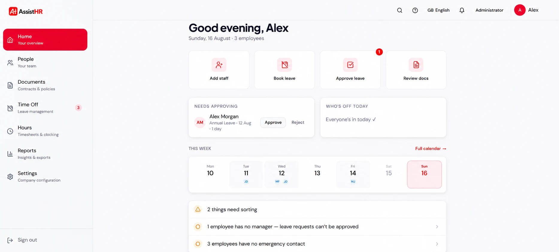 AssistHR dashboard showing leave approvals, employee tasks and the team calendar