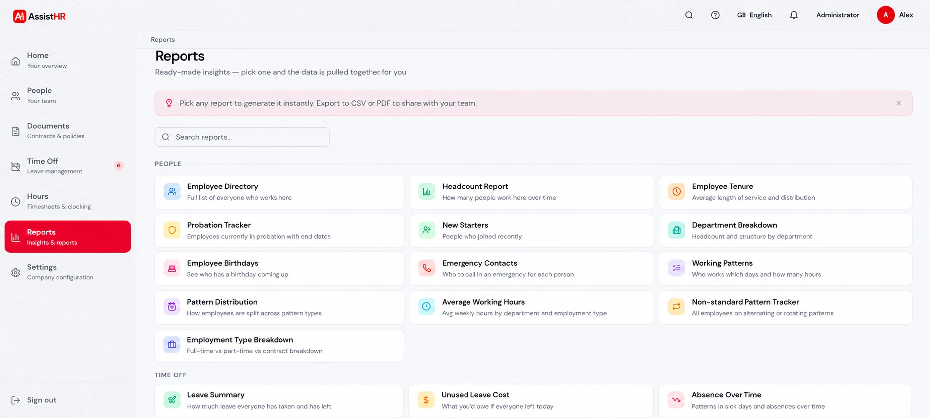 AssistHR Reports screen showing ready-made people and time off reports