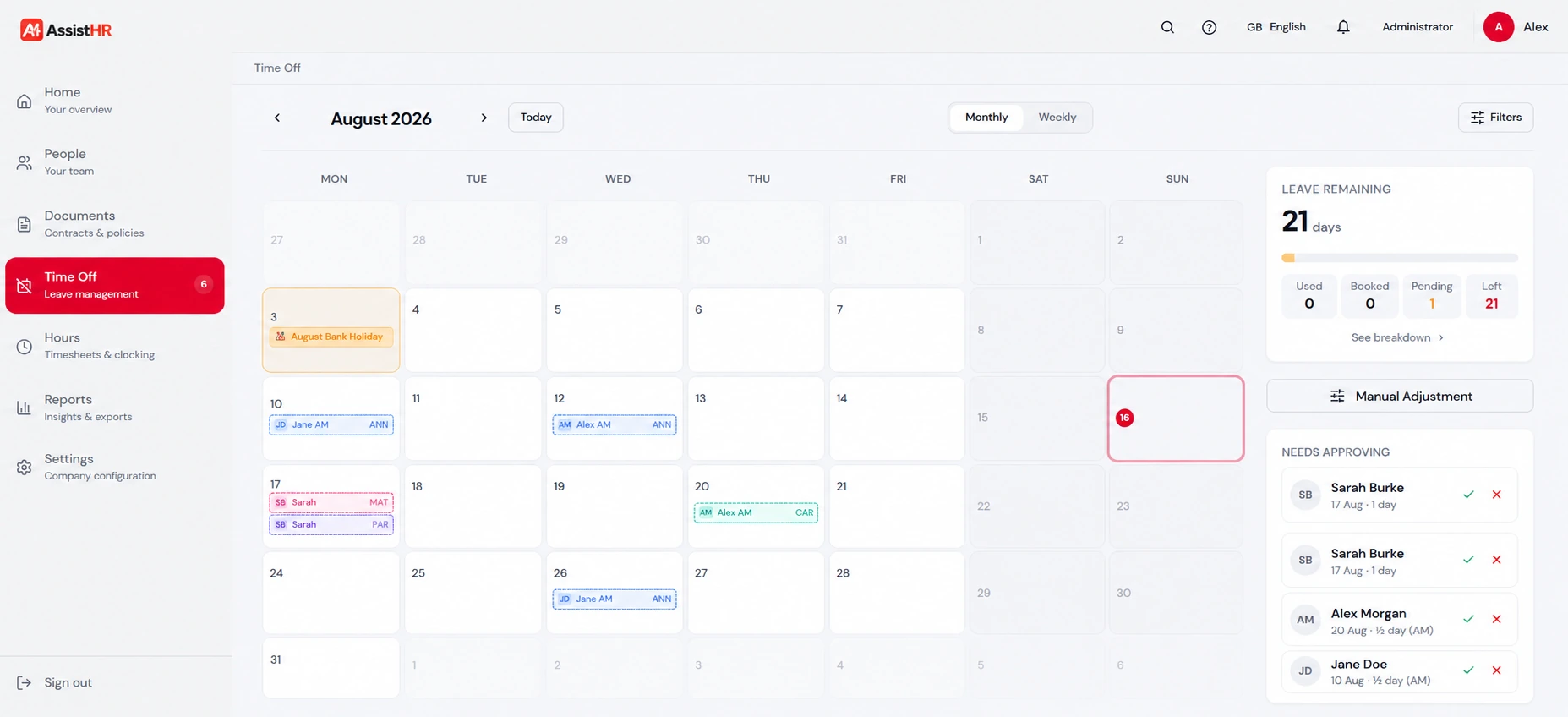 AssistHR Time Off screen showing a monthly leave calendar, remaining allowance and requests needing approval
